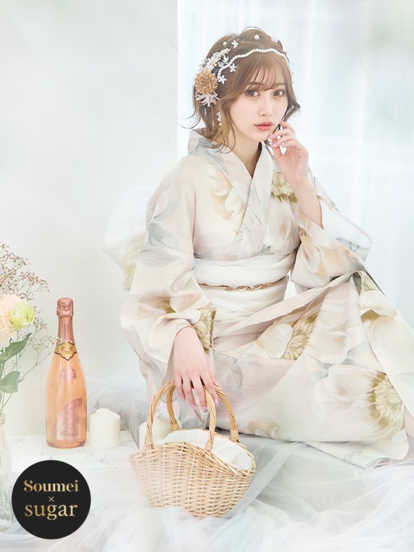 画像2: 【即日発送】クリームイエローピオニー浴衣  【浴衣３点セット 浴衣/帯/下駄】[YMT] (2)