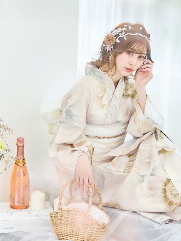 画像9: 【即日発送】クリームイエローピオニー浴衣  【浴衣３点セット 浴衣/帯/下駄】[YMT] (9)