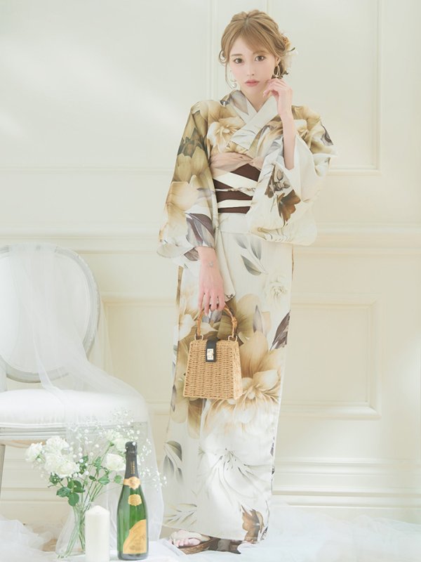 画像11: 【即日発送】ブラウンベージュクラシックフラワー浴衣  【浴衣３点セット 浴衣/帯/下駄】[YMT] (11)