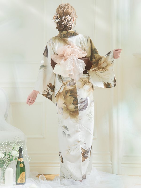 画像13: 【即日発送】ブラウンベージュクラシックフラワー浴衣  【浴衣３点セット 浴衣/帯/下駄】[YMT] (13)