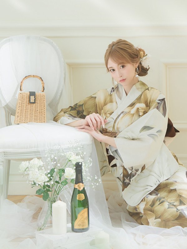 画像6: 【即日発送】ブラウンベージュクラシックフラワー浴衣  【浴衣３点セット 浴衣/帯/下駄】[YMT] (6)