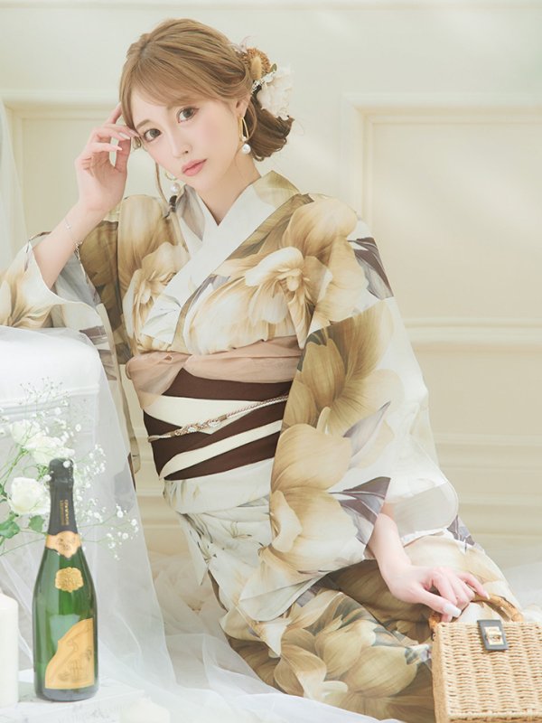 画像7: 【即日発送】ブラウンベージュクラシックフラワー浴衣  【浴衣３点セット 浴衣/帯/下駄】[YMT] (7)