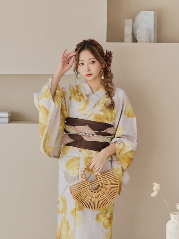 画像12: 【即日発送！】グレージュ×イエローフラワー浴衣  【浴衣３点セット 浴衣/帯/下駄】[YMT] (12)