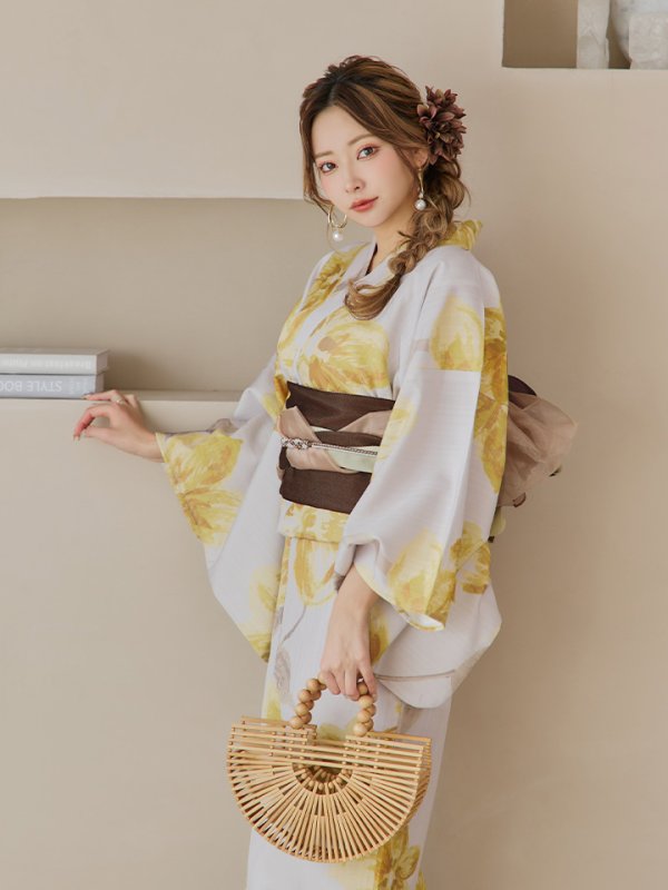 画像13: 【即日発送！】グレージュ×イエローフラワー浴衣  【浴衣３点セット 浴衣/帯/下駄】[YMT] (13)