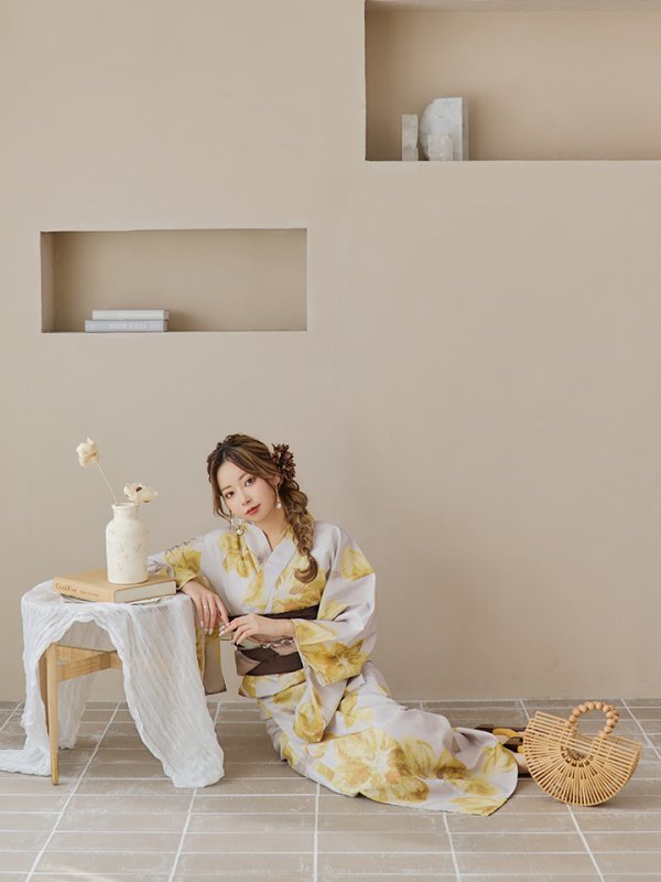 画像14: 【即日発送！】グレージュ×イエローフラワー浴衣  【浴衣３点セット 浴衣/帯/下駄】[YMT] (14)