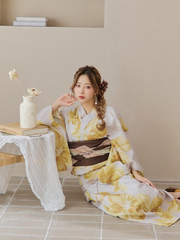 画像17: 【即日発送！】グレージュ×イエローフラワー浴衣  【浴衣３点セット 浴衣/帯/下駄】[YMT] (17)