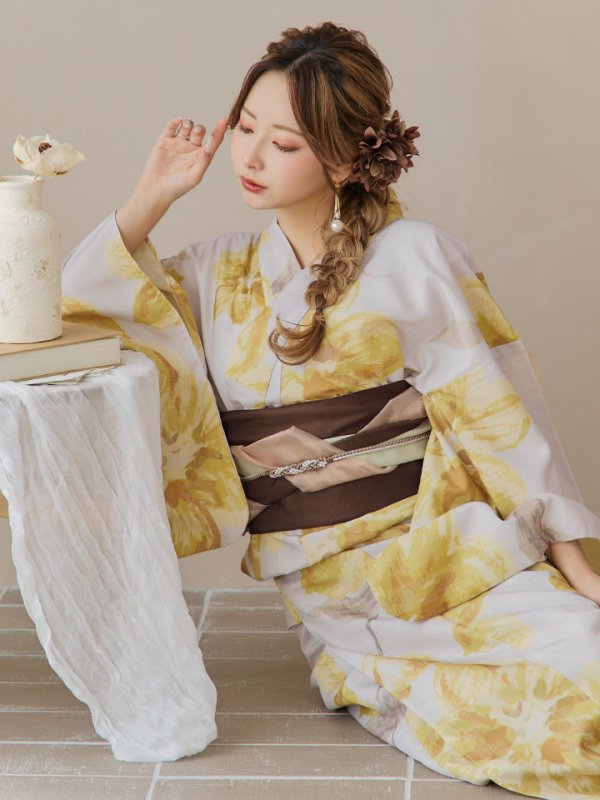 画像18: 【即日発送！】グレージュ×イエローフラワー浴衣  【浴衣３点セット 浴衣/帯/下駄】[YMT] (18)