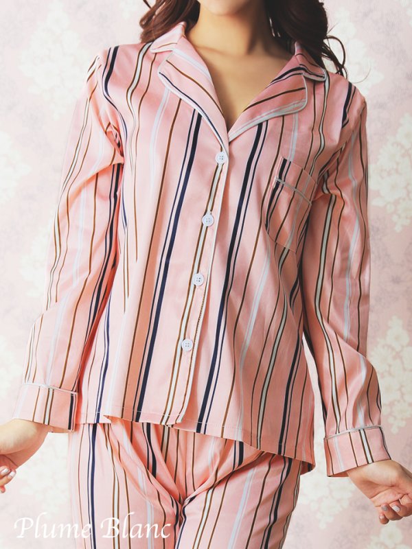 画像4: 【Plume Blanc　プリュムブラン】青木りえちゃんプロデュース!!【ルームウェア】ピンクストライプサテン パジャマ【HC02】 (4)