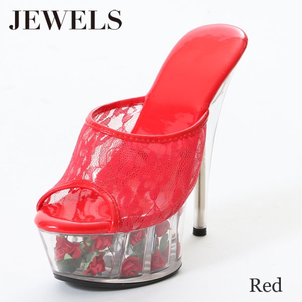 画像2: SALE!【62%OFF】【小悪魔ageha掲載商品】大人気のバラサンダルからNEWバージョン登場！レースデザインがSEXY&CUTEな足元を演出♪薔薇詰め厚底クリアヒールサンダル[OF02] (2)