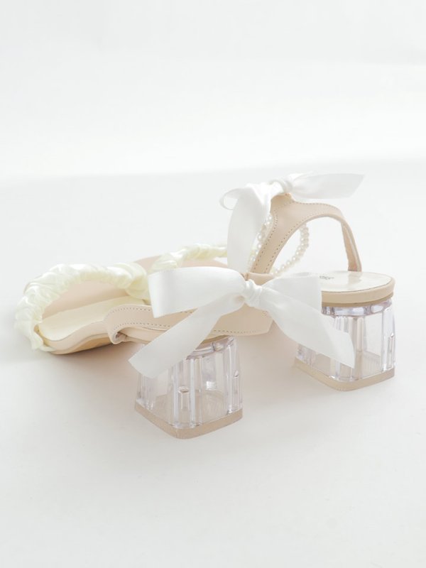 画像5: 【即日発送】【水着小物：ビーチサンダル】リボン/ パール/ アンクルストラップ付き/ クリアヒール/ ビーチサンダル/ サマーシューズ[YMT] (5)
