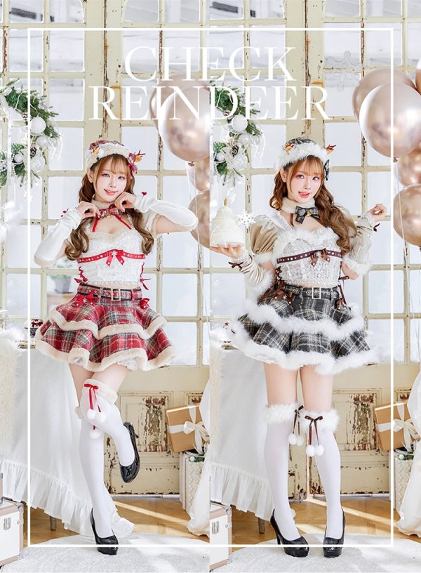 画像10: 【即日発送！】【クリスマスコスプレ9点セット】【Malymoon/マリームーン】フレンチチェックノエルトナカイ【SM-ML/2カラー】[OF03] (10)