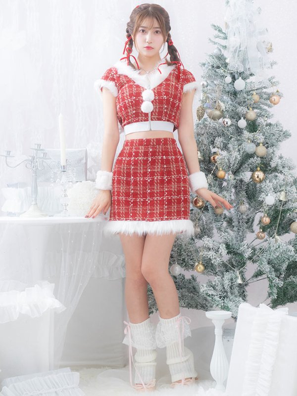 画像3: 【即日発送！】【サンタコス 5点セット】【XS-XLサイズ/2カラー】ツイードチェックバニーサンタコスプレ[YMT] (3)