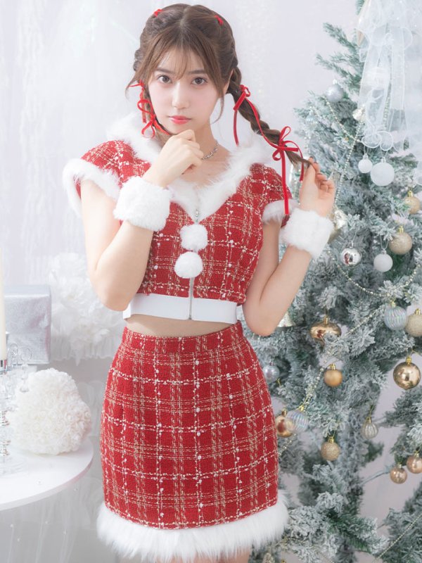 画像5: 【即日発送！】【サンタコス 5点セット】【XS-XLサイズ/2カラー】ツイードチェックバニーサンタコスプレ[YMT] (5)