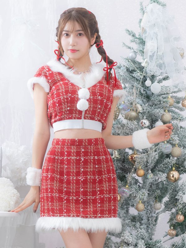 画像7: 【即日発送！】【サンタコス 5点セット】【XS-XLサイズ/2カラー】ツイードチェックバニーサンタコスプレ[YMT] (7)