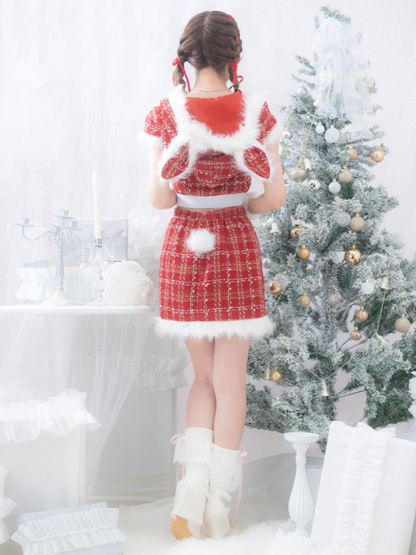 画像8: 【即日発送！】【サンタコス 5点セット】【XS-XLサイズ/2カラー】ツイードチェックバニーサンタコスプレ[YMT] (8)