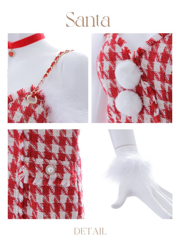 画像21: 【サンタセール！】【サンタコス5点セット】【S-XLサイズ/1カラー】千鳥柄ツイードキャミドレスサンタコスプレ[YMT] (21)