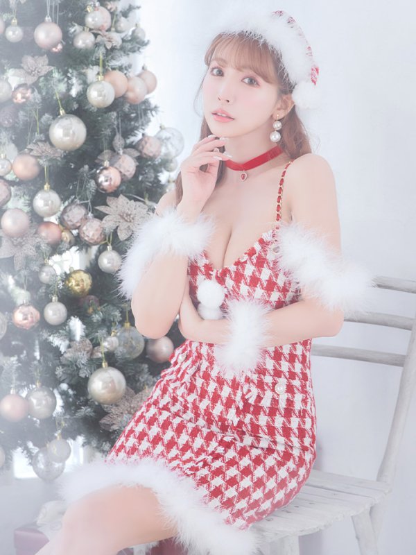 画像2: 【サンタセール！】【サンタコス5点セット】【S-XLサイズ/1カラー】千鳥柄ツイードキャミドレスサンタコスプレ[YMT] (2)