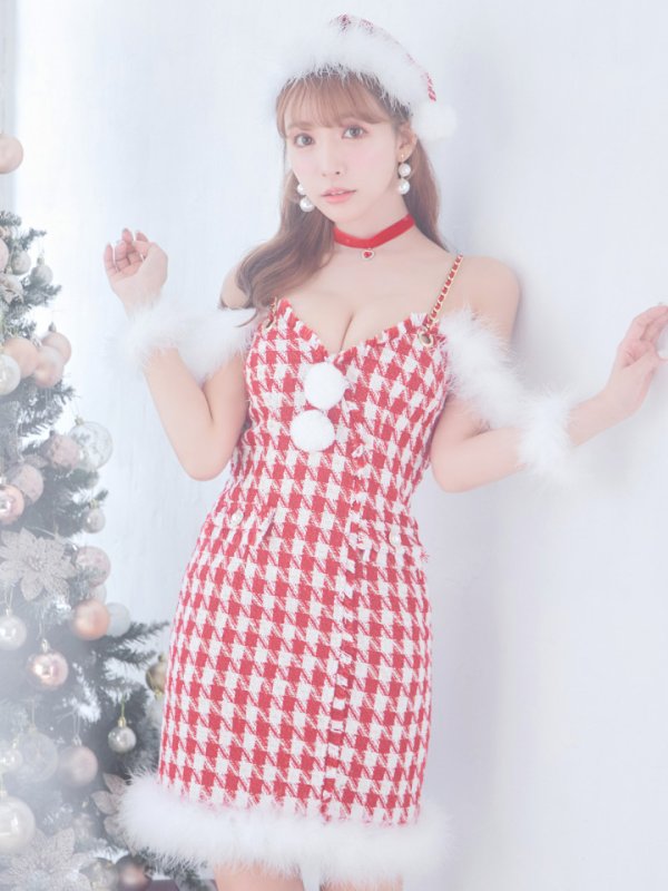 画像4: 【サンタセール！】【サンタコス5点セット】【S-XLサイズ/1カラー】千鳥柄ツイードキャミドレスサンタコスプレ[YMT] (4)