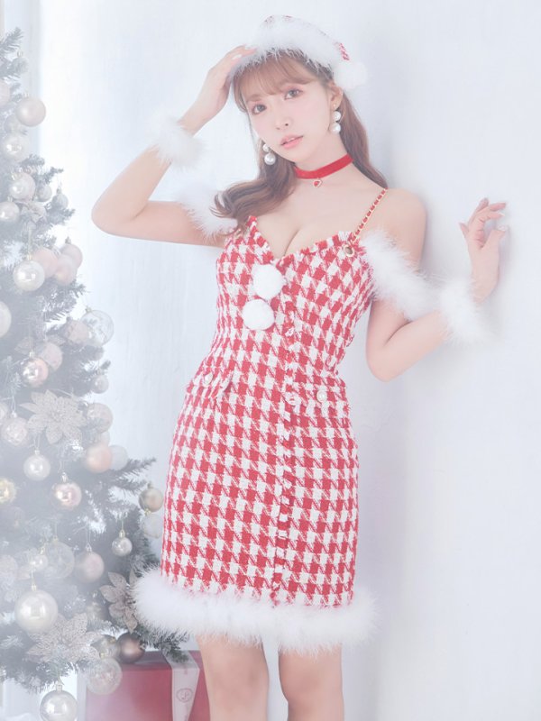 画像10: 【サンタセール！】【サンタコス5点セット】【S-XLサイズ/1カラー】千鳥柄ツイードキャミドレスサンタコスプレ[YMT] (10)