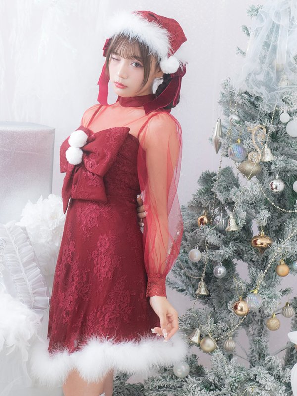 画像11: 【サンタセール！】【サンタコス3点セット】【S-XLサイズ/1カラー】チュールスリーブレースリボンサンタコスプレ[YMT] (11)