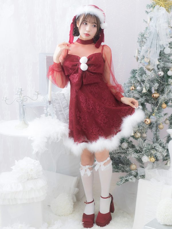 画像13: 【サンタセール！】【サンタコス3点セット】【S-XLサイズ/1カラー】チュールスリーブレースリボンサンタコスプレ[YMT] (13)
