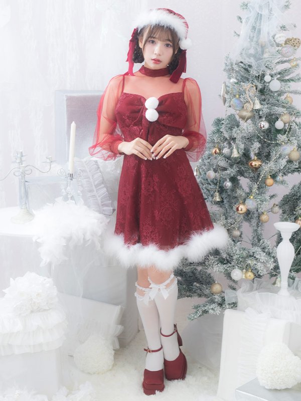 画像3: 【サンタセール！】【サンタコス3点セット】【S-XLサイズ/1カラー】チュールスリーブレースリボンサンタコスプレ[YMT] (3)