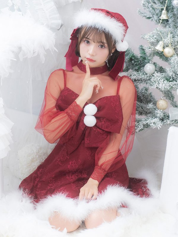 画像5: 【サンタセール！】【サンタコス3点セット】【S-XLサイズ/1カラー】チュールスリーブレースリボンサンタコスプレ[YMT] (5)
