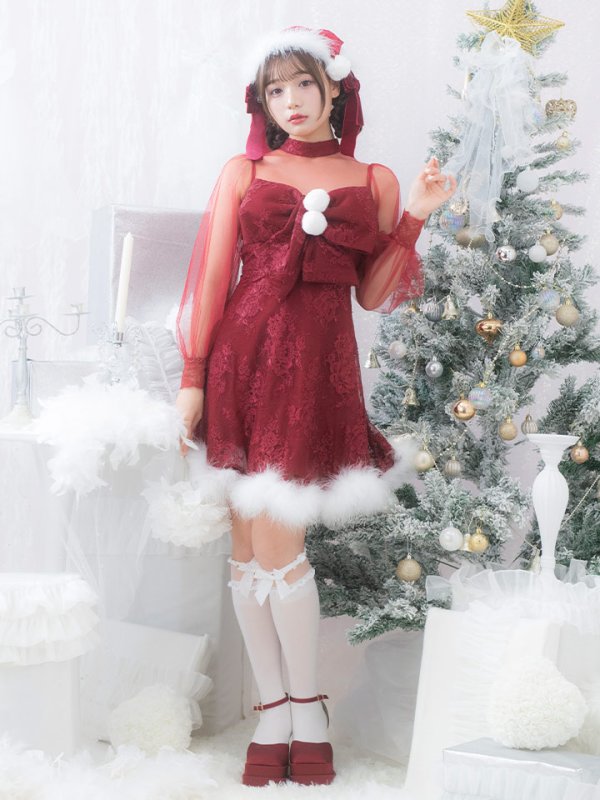 画像8: 【サンタセール！】【サンタコス3点セット】【S-XLサイズ/1カラー】チュールスリーブレースリボンサンタコスプレ[YMT] (8)
