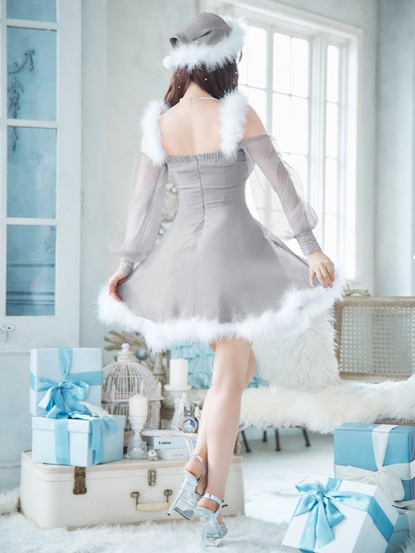 画像15: 【ノベルティ対象】【即日発送】【サンタコス 3点セット】【XS-XLサイズ/2カラー】シアーチュールオフショルダーサンタコスプレ[YMT] (15)