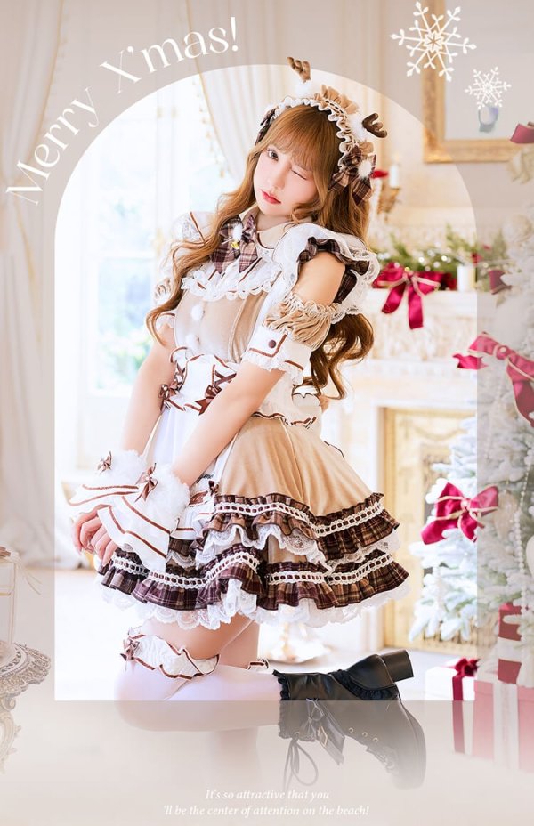 画像8: 【クリスマスコスプレ13点セット】【Malymoon/マリームーン】ミルクティーチェックトナカイメイド【2サイズ/1カラー】【予約/12月上旬発送予定】[HC03] (8)