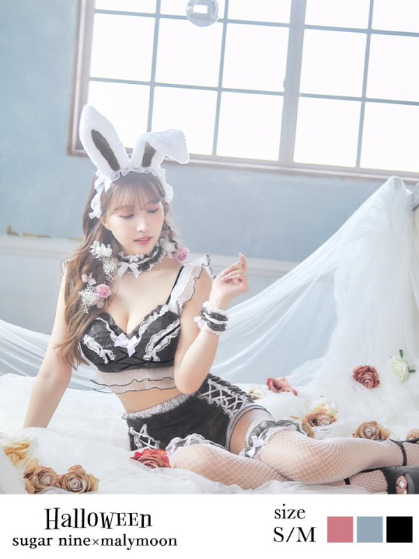 画像1: 【即日発送】【sugar nine×マリームーンコラボ】 セクシーレースバニーコスプレセット【sugar nineハロウィンコスプレ7点セット】【S-Mサイズ/3カラー】[HC02] (1)
