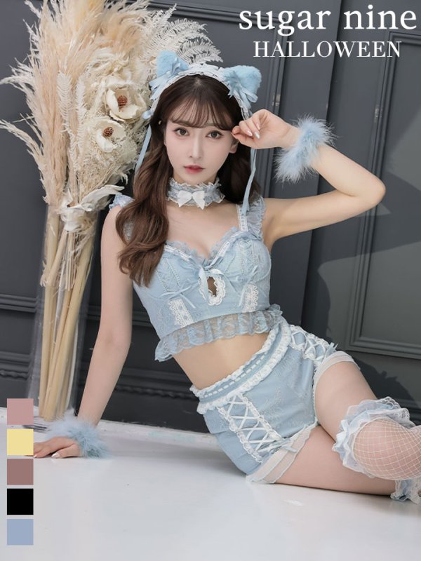 画像1: 【即日発送】【マリームーンコラボ】 セクシーレースキャット【ハロウィンコスプレ6点セット】【XS-L/7カラー】[YMT] (1)