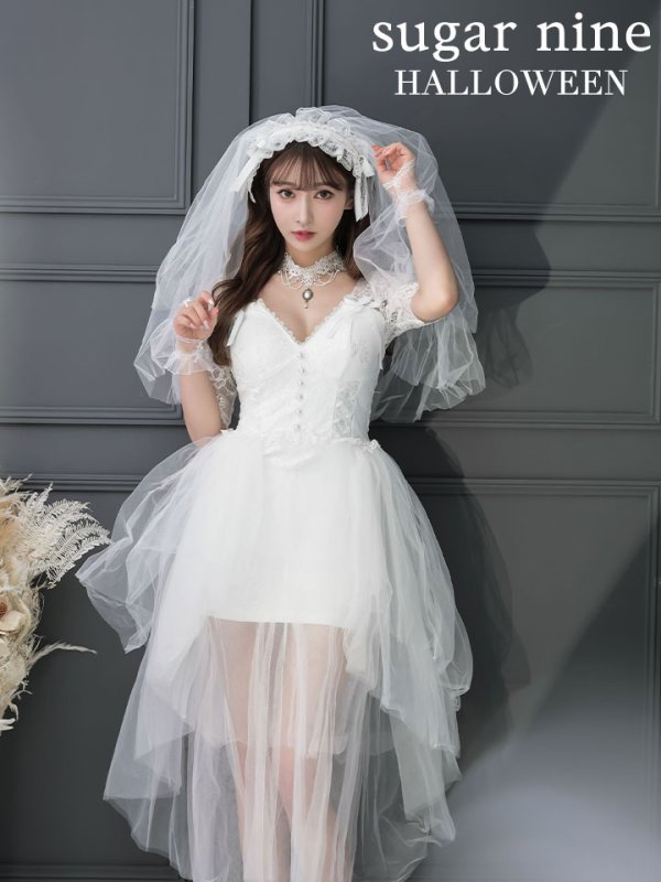 画像4: 【SALE!!】【即日発送】ショートイン花嫁ゾンビコスプレ/ブライドゾンビ【sugar nineハロウィン4点セット】【S-Lサイズ/1カラー】[OF01] (4)