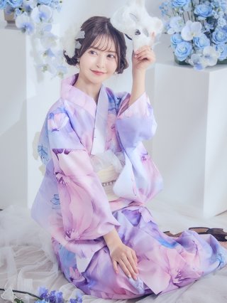 ニュアンスピンク水彩朝顔浴衣 【浴衣3点セット 浴衣/帯/下駄