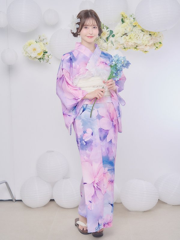 パステル水彩フラワーアンニュイ浴衣【浴衣3点セット 浴衣/帯