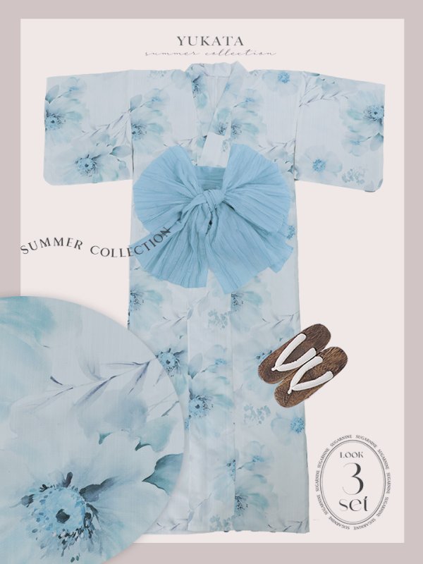 画像22: 【即日発送】ブルーグレイニュアンスフラワー浴衣  【浴衣３点セット 浴衣/帯/下駄】[YMT] (22)
