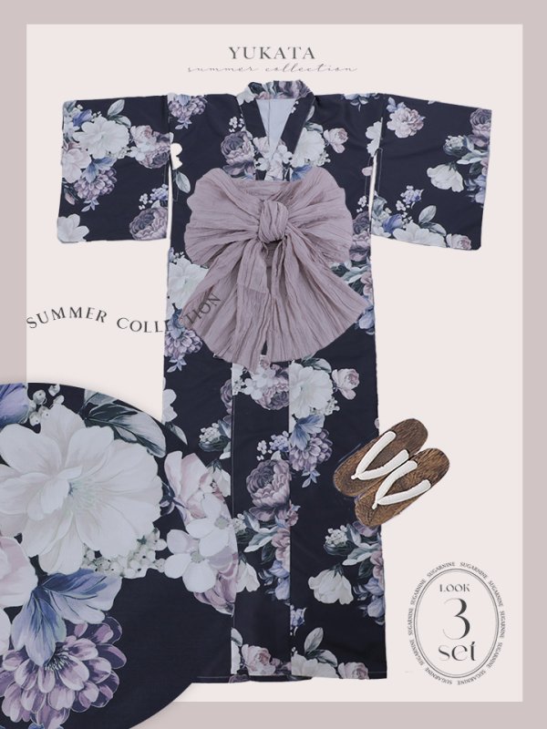 画像27: 【即日発送】クラシカルフラワーブーケ浴衣  【浴衣３点セット 浴衣/帯/下駄】[OF04] (27)