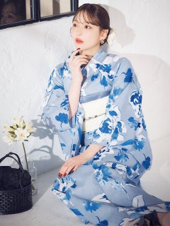 くすみブルー水彩花柄浴衣