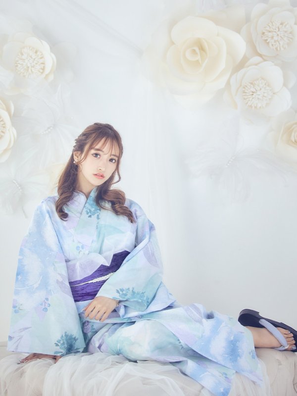 画像2: 【即日発送】ブルーミントの水彩浴衣  【浴衣３点セット 浴衣/帯/下駄】[YMT] (2)