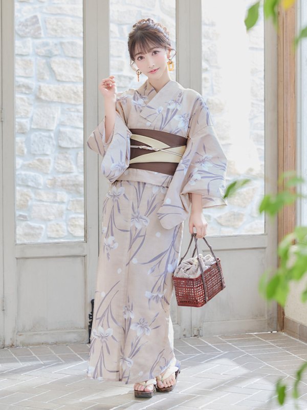 画像4: 【即日発送】ベージュ地×水仙の花浴衣  【浴衣３点セット 浴衣/帯/下駄】[YMT] (4)