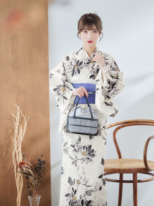 画像16: 【即日発送】水彩風モノトーンフラワー浴衣  【浴衣３点セット 浴衣/帯/下駄】[YMT] (16)