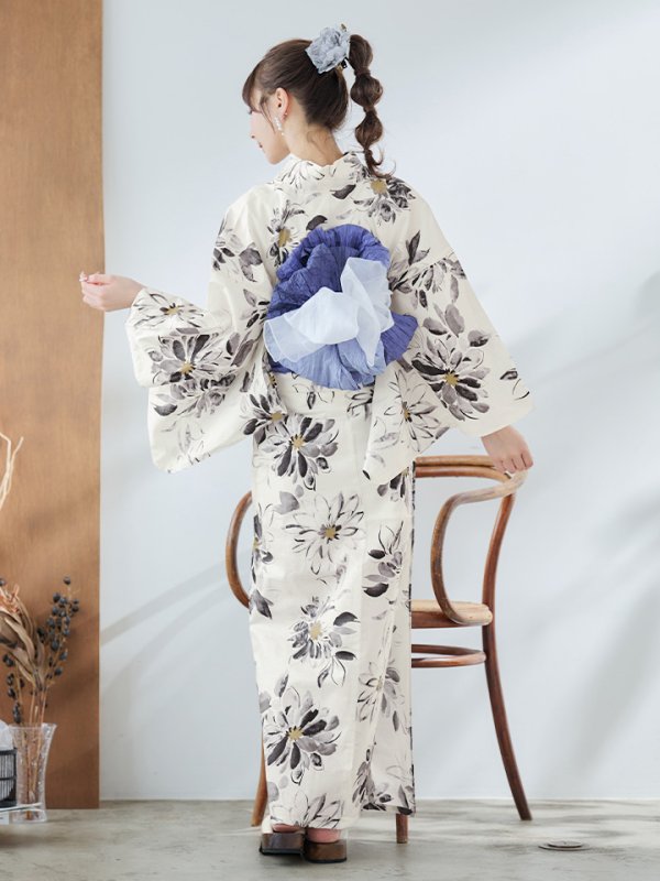 画像18: 【即日発送】水彩風モノトーンフラワー浴衣  【浴衣３点セット 浴衣/帯/下駄】[YMT] (18)