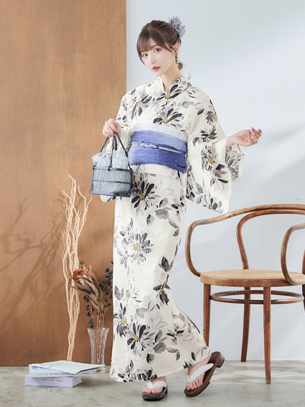 画像2: 【即日発送】水彩風モノトーンフラワー浴衣  【浴衣３点セット 浴衣/帯/下駄】[YMT] (2)