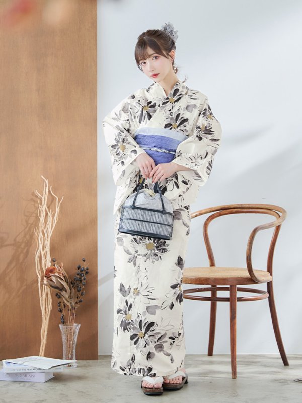 画像4: 【即日発送】水彩風モノトーンフラワー浴衣  【浴衣３点セット 浴衣/帯/下駄】[YMT] (4)