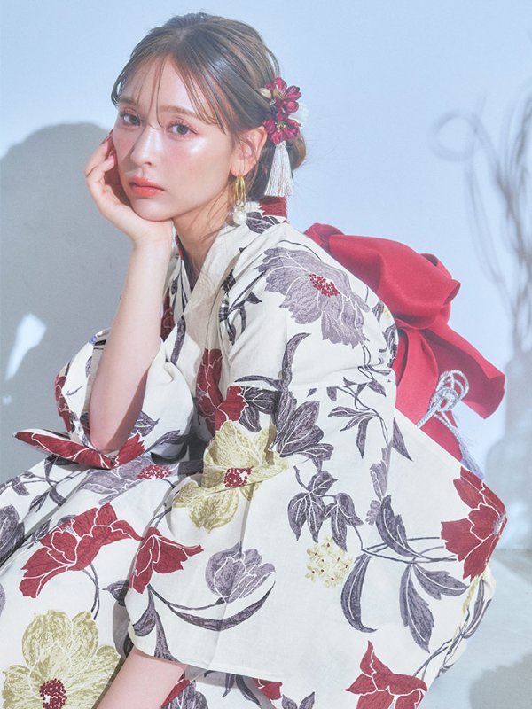 画像3: 【即日発送】レトロモダンフラワー浴衣  【浴衣３点セット 浴衣/帯/下駄】[YMT] (3)