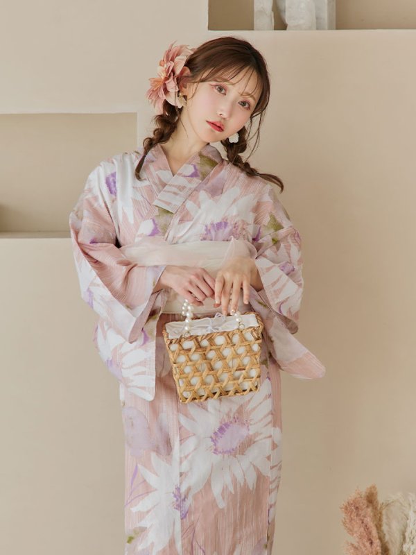 画像2: 【即日発送】大人レトロピンク浴衣  【浴衣３点セット 浴衣/帯/下駄】[YMT] (2)