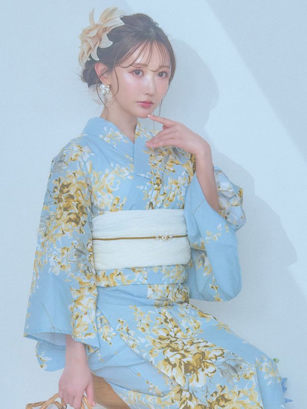 画像10: 【即日発送】ライトブルー×キバナフジ浴衣  【浴衣３点セット 浴衣/帯/下駄】[YMT] (10)