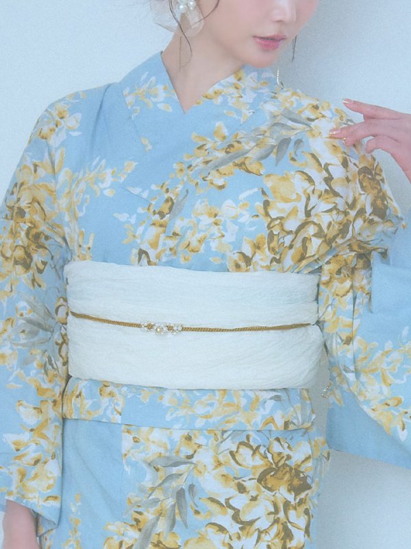 画像16: 【即日発送】ライトブルー×キバナフジ浴衣  【浴衣３点セット 浴衣/帯/下駄】[YMT] (16)