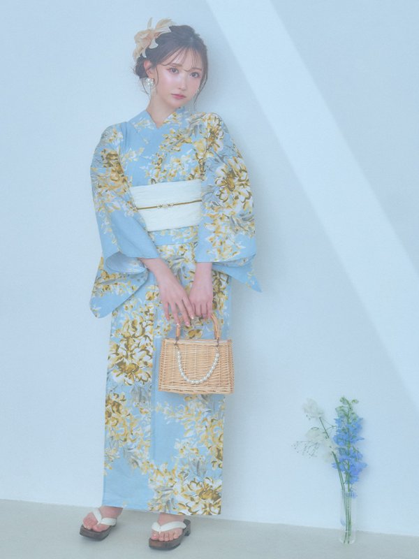 画像2: 【即日発送】ライトブルー×キバナフジ浴衣  【浴衣３点セット 浴衣/帯/下駄】[YMT] (2)