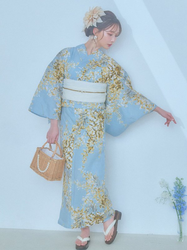 画像4: 【即日発送】ライトブルー×キバナフジ浴衣  【浴衣３点セット 浴衣/帯/下駄】[YMT] (4)